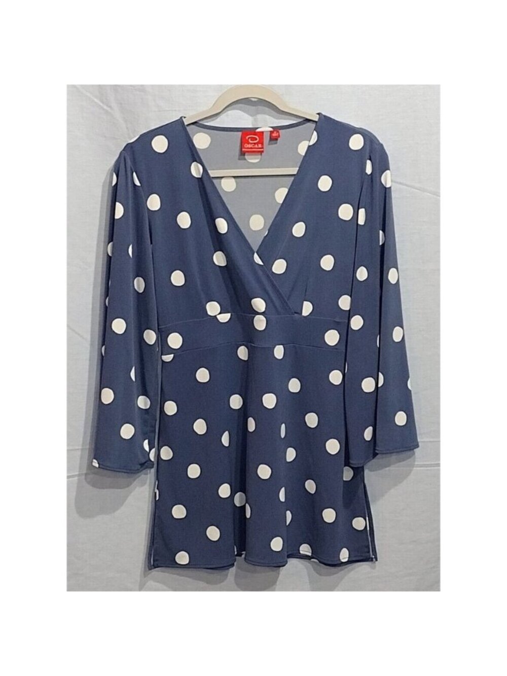 Oscar De La Renta Faux Wrap Polka Dot V Neck Tunic Blue White Medium